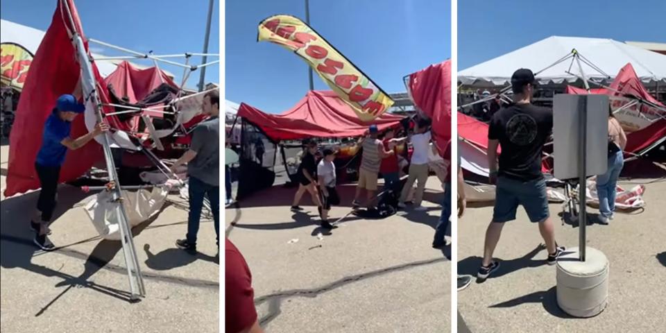 Screenshots of a red tent that has collapsed, with people trying to push it back up