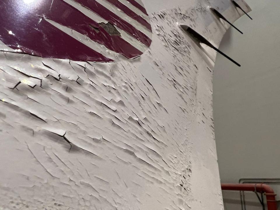 Surface damage seen on Qatar Airways' airbus A350 parked at Qatar airways aircraft maintenance hangar in Doha.