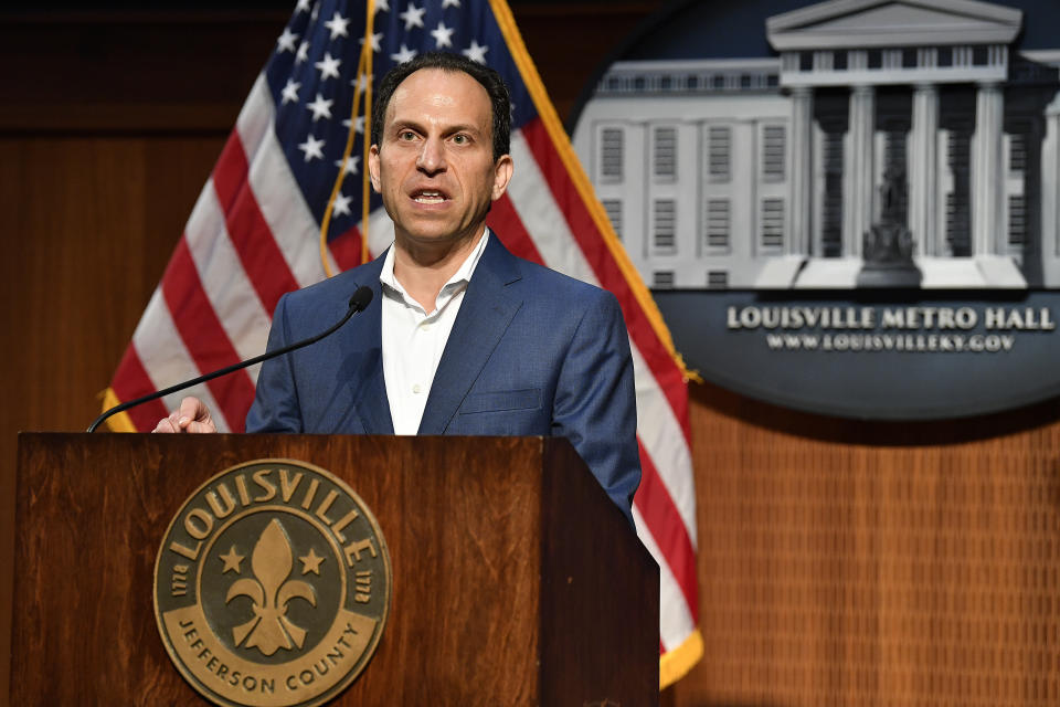 Louisville Mayor Craig Greenberg speaks to reporter during a press conference Thursday, May 23, 2024, in Louisville, Ky., regarding the arrest of PGA golfer Scottie Scheffler. The Kentucky police officer who arrested top-ranked golfer Scottie Scheffler outside the PGA Championship is receiving “corrective action” for failing to have his body-worn camera activated when he approached the golfer's vehicle — an interaction that police said resulted in the officer being dragged to the ground, authorities said Thursday. (AP Photo/Timothy D. Easley)