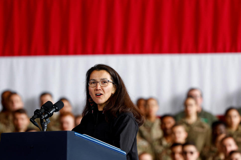 Rep. Mary Peltola speaks to service members, first responders and their families, as President Biden visits Anchorage on Sept. 11, 2023. / Credit: EVELYN HOCKSTEIN / REUTERS