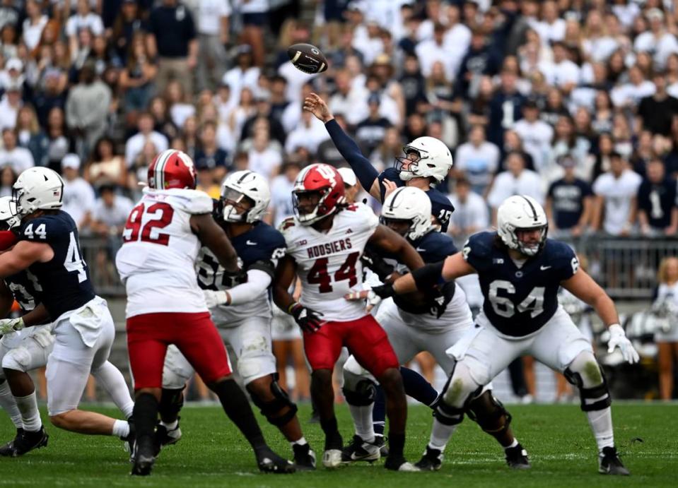 Penn State quarterback Drew Allar makes a long pass to KeAndre Lambert-Smith to get a touchdown during the game on Saturday, Oct. 28, 2023.