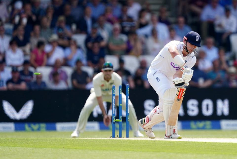 Alex Lees is bowled by Trent Boult (PA)