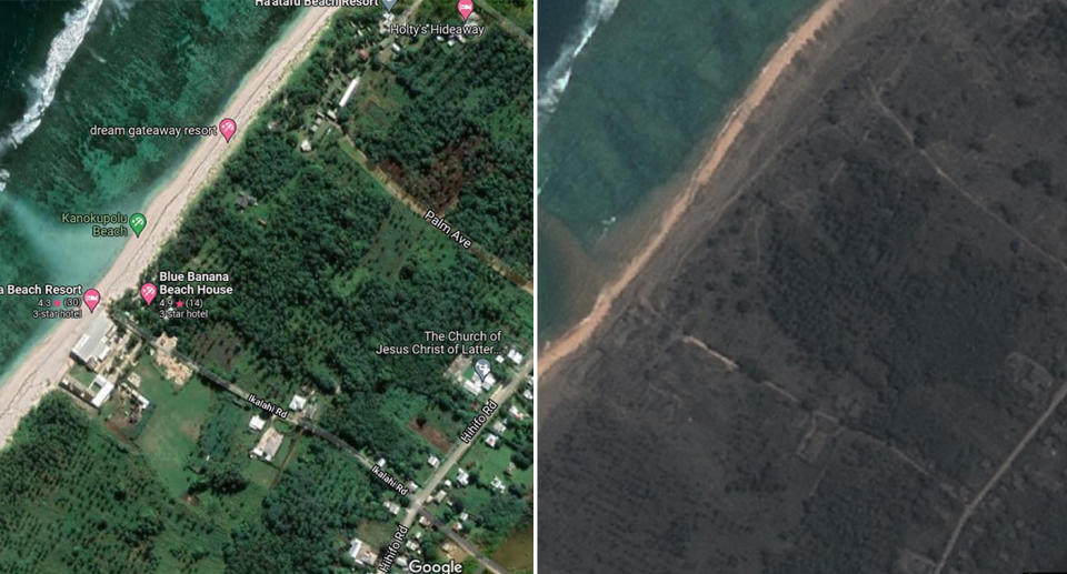 Satellite images showing before and after the volcano eruption and Tsunami in Tonga.