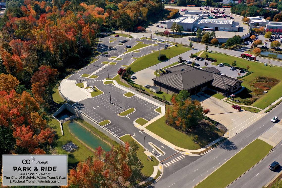 An aerial view of a new GoRaleigh park-and-ride lot off Poole Road near New Hope Road. The lot has 235 spaces and 12 electric vehicle charging stations.