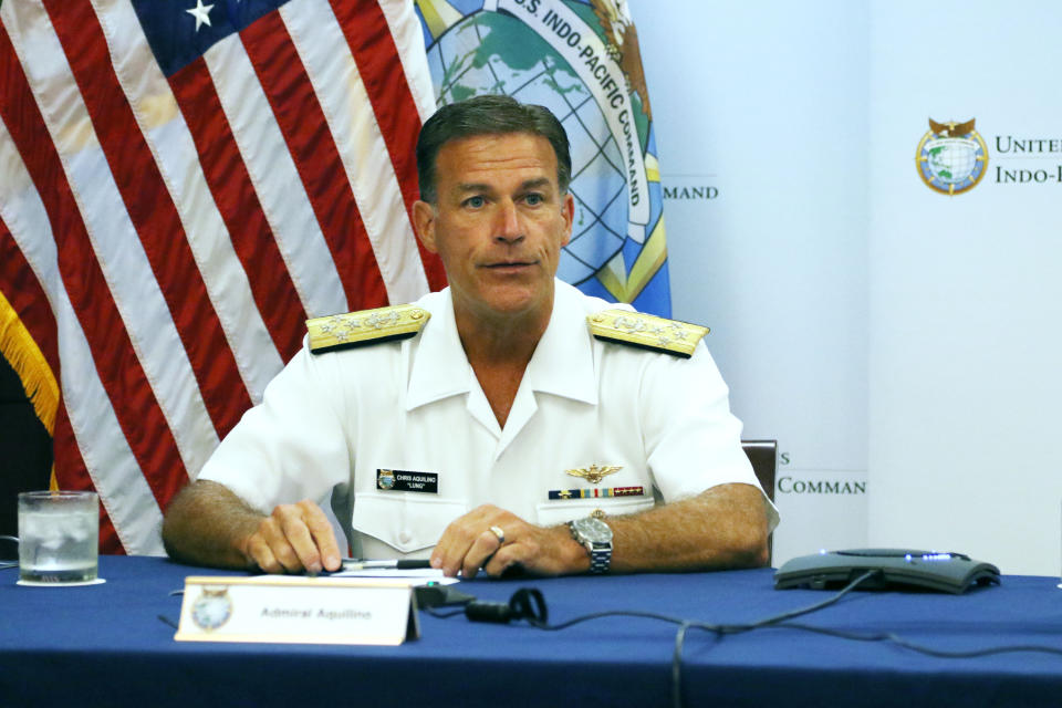 Adm. John Aquilino, U.S. Indo-Pacific Command commander, speaks at a news conference at Camp H.M. Smith, Hawaii on Thursday, June 30, 2022. A Navy investigation released Thursday revealed that shoddy management and human error caused fuel to leak into Pearl Harbor's tap water last year, poisoning thousands of people and forcing military families to evacuate their homes for hotels. (AP Photo/Audrey McAvoy)