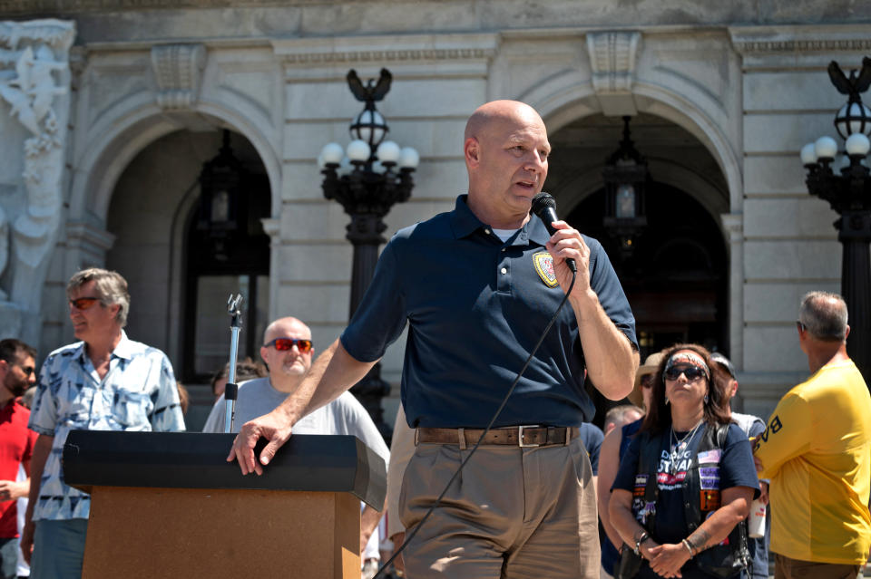 Pennsylvania State Senator Doug Mastriano Speaks at ReOpen Rally in Harrisburg, Pa., on June 5th, 2021. (Zach D Roberts / NurPhoto via Getty Images)