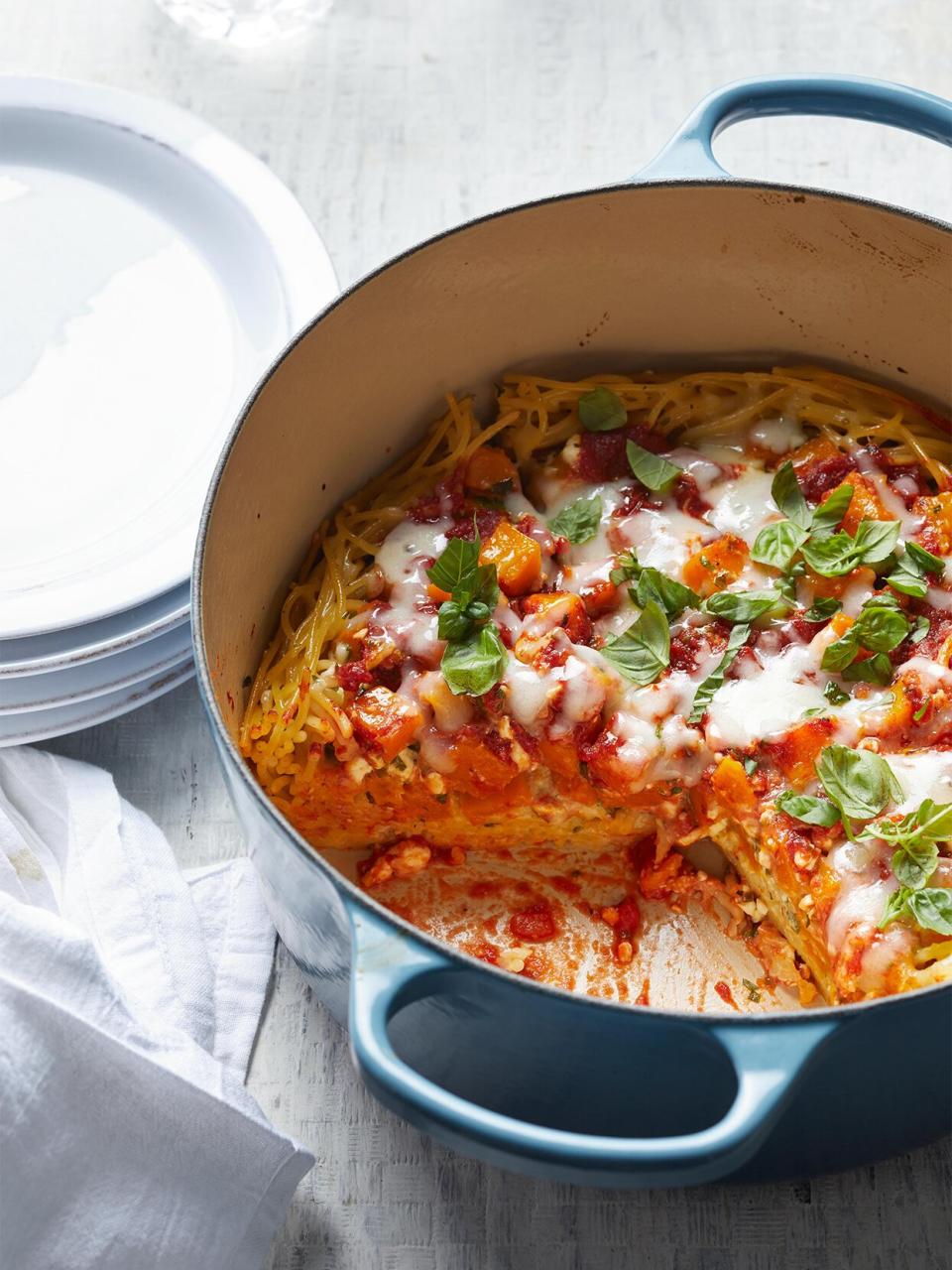 Enjoy a classic spaghetti pie (all made in one pot!) featuring some healthy, vitamin A- and C-rich butternut squash.