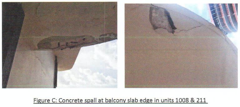 Grieta del hormigón en el borde de la losa del balcón de los departamentos 1008 y 211 del edificio que colapsó