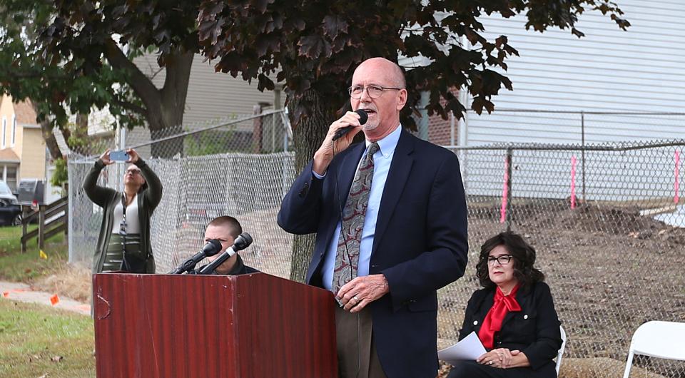 Ames Mayor John Haila speaks during the groundbreaking ceremony of the new Bridge Home building on Sherman Avenue Wednesday.