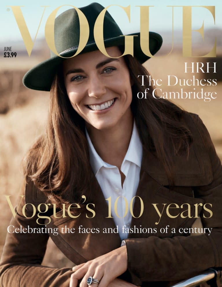 <p>It’s been a little over a month since it was announced that the Duchess of Cambridge would cover<i> Vogue</i> U.K.’s June issue – and the photos still have people buzzing! On the cover, Princess Kate shows off her laid-back style in a suede jacket, crisp white button up and a green hat. The shoot, by Josh Olins, is the first magazine shoot the Duchess has ever consented to. <i>(Photo: Josh Olins/Vogue U.K.)</i></p>