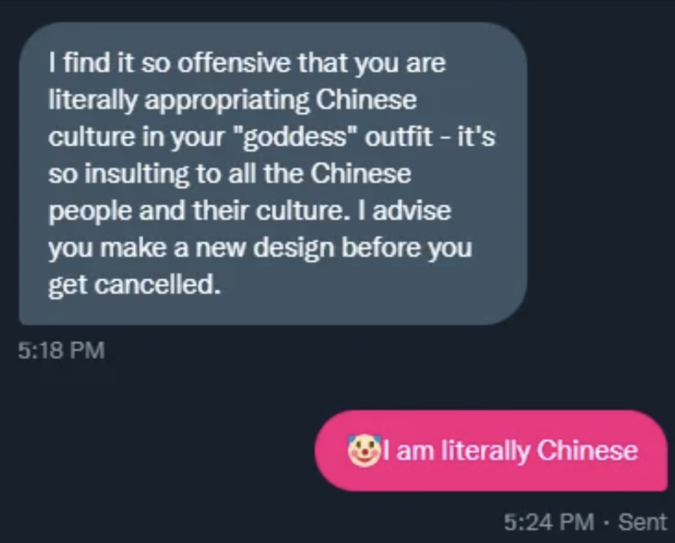 Chat screenshot with criticism of cultural appropriation, followed by a response stating the criticized person is Chinese