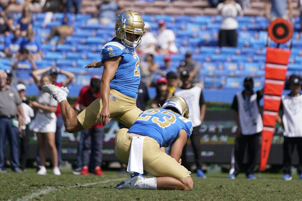 UCLA place kicker Nicholas Barr-Mira (2) kicks a field goal to win an NCAA college football game against South Alabama in Pasadena, Calif., Saturday, Sept. 17, 2022. UCLA won 32-31. (AP Photo/Ashley Landis)