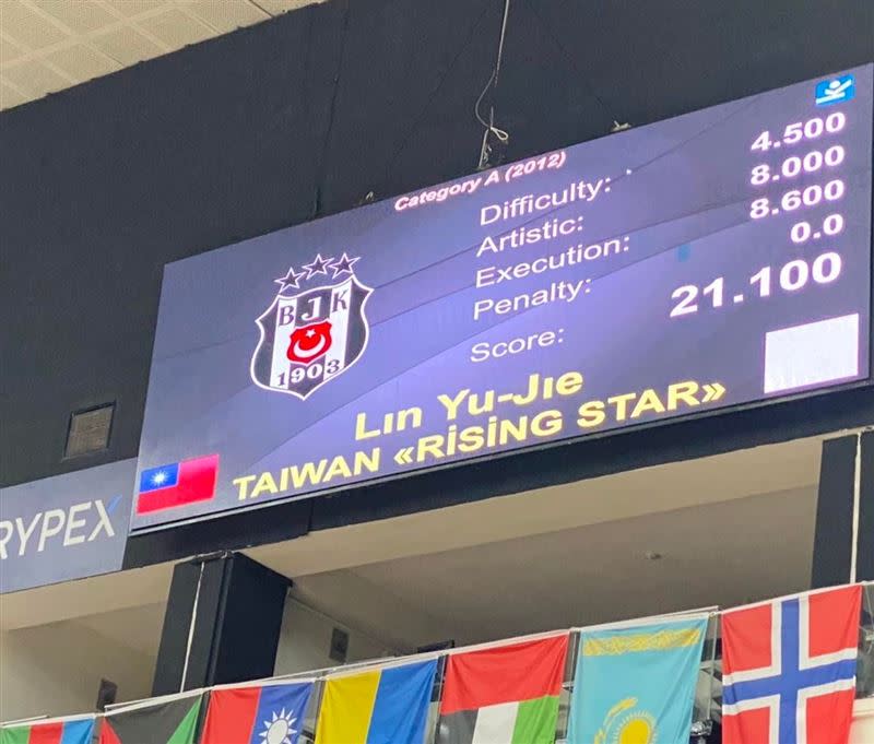 我國國旗、TAIWAN字樣出現在大會電子牆上。（圖／翻攝自瑞莎臉書）