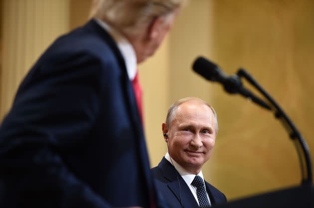 U.S. President Donald Trump and Russia's President Vladimir Putin at what became an infamous joint press conference in Helsinki on July 16, 2018. Ignoring findings from his own intelligence officials, Trump accepted Putin's denial of Russian interference in the 2016 U.S. election.