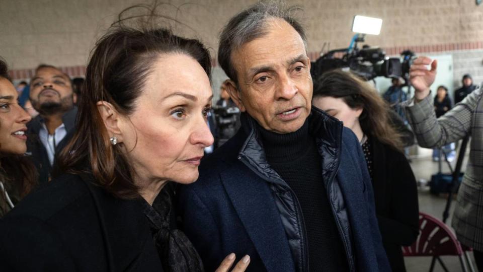 Matina Kolokotronis, chief operating officer of the Sacramento Kings, talks on Thursday, April 4, 2024, with owner Vivek Ranadivé after he announced that the A’s will temporarily relocate to West Sacramento in 2025.