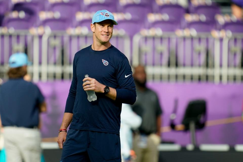 Tennessee Titans quarterback Ryan Tannehill (17) walks the field before facing the Vikings at U.S. Bank Stadium in Minneapolis, Minn., Saturday, Aug. 19, 2023.