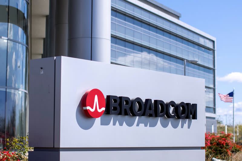 FILE PHOTO: The Broadcom Limited company logo is shown outside one of their office complexes in Irvine, California