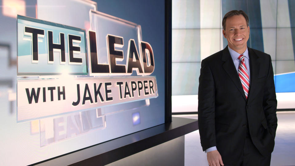 This undated image from video provided by CNN shows Jake Tapper on the set of his show "The Lead with Jake Tapper." Tapper says he wants the show to be a broad look at the news, encompassing business, politics and entertainment. (AP Photo/CNN)