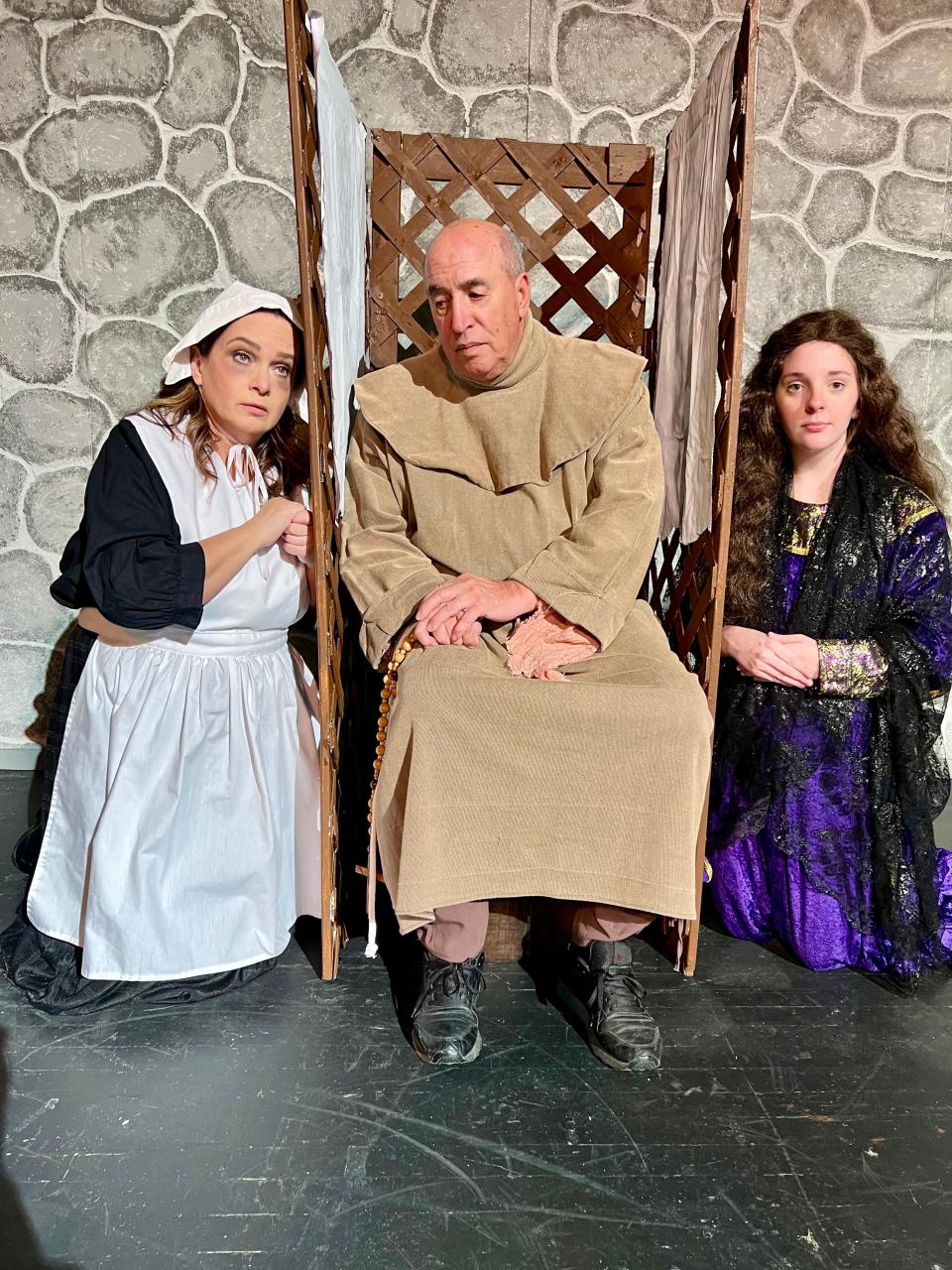 Confessing to the Padre are (from left) Cynthia Harding, John Coladonato and Lindsay Malloy in Center Theatre Players' "Man of La Mancha."