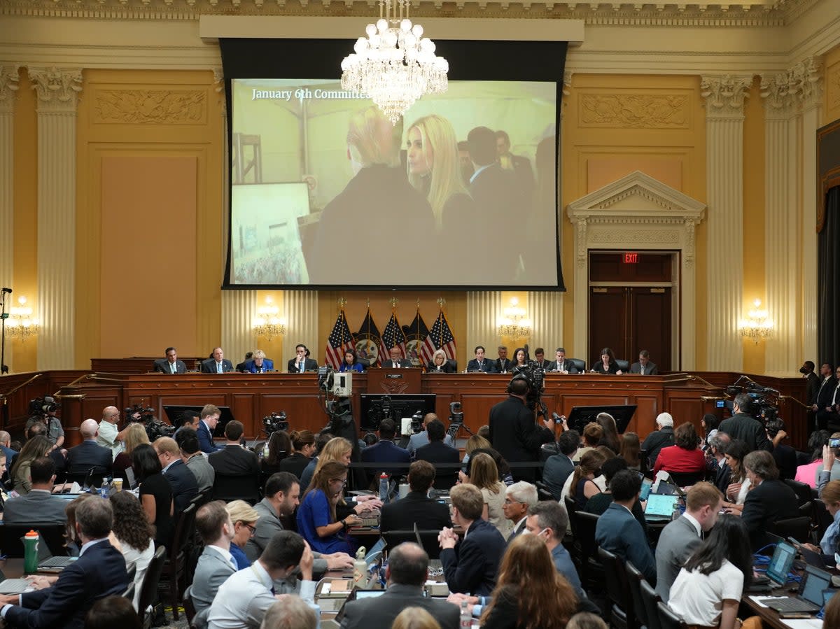 An image of former President Donald Trump and his daughter, Ivanka Trump, is shown on a screen during the seventh hearing held by the Select Committee to Investigate the January 6th Attack on the U.S. Capitol (Getty Images)
