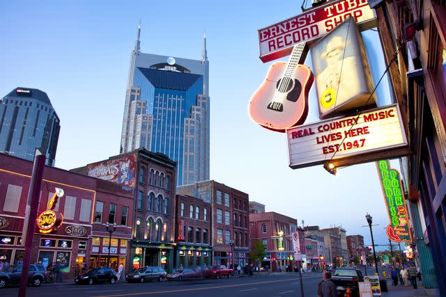 Getty Images/Danita Delimont AT&T Building towers over historic buildings of lower Broadway in Nashville