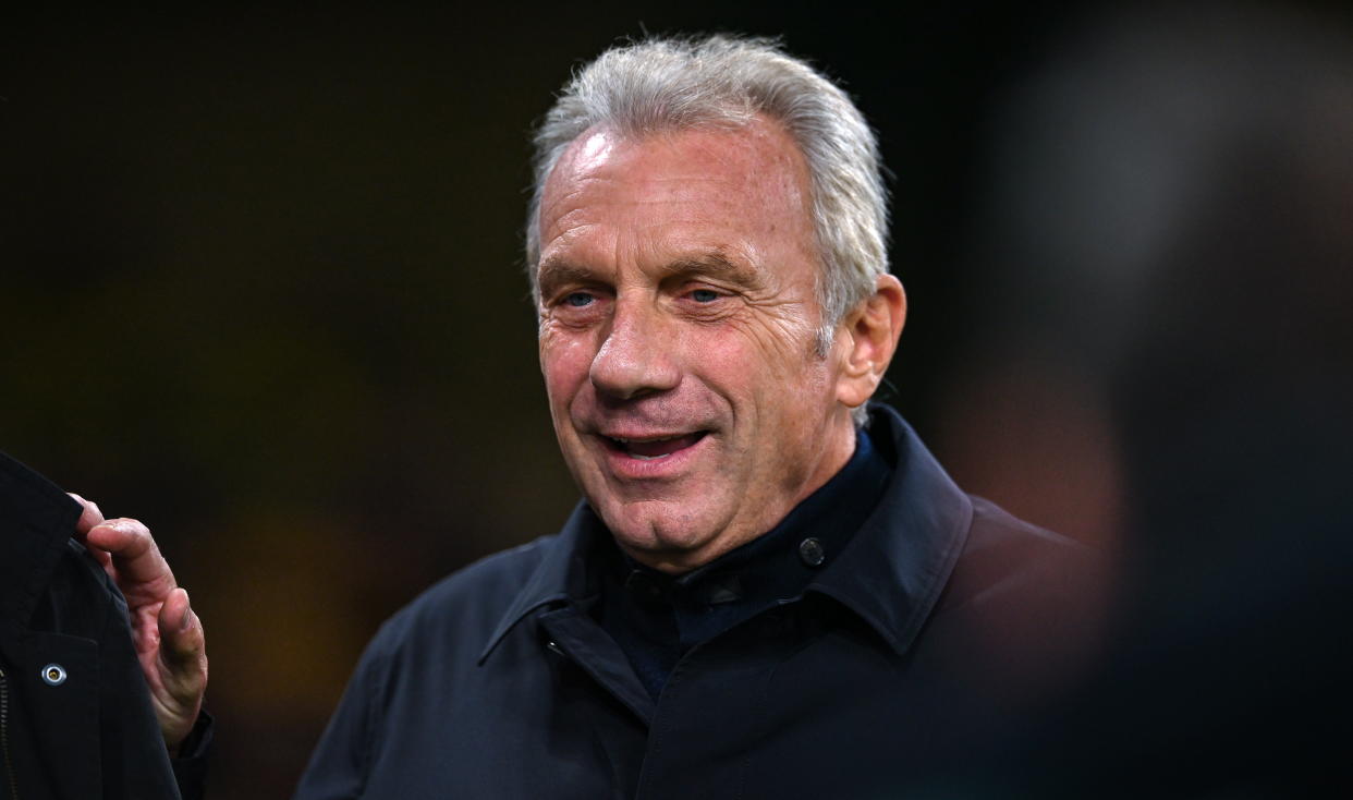 Dublin , Ireland - 26 August 2023; Former NFL quarterback Joe Montana during the Aer Lingus College Football Classic match between Notre Dame and Navy Midshipmen at the Aviva Stadium in Dublin. (Photo By Ben McShane/Sportsfile via Getty Images)