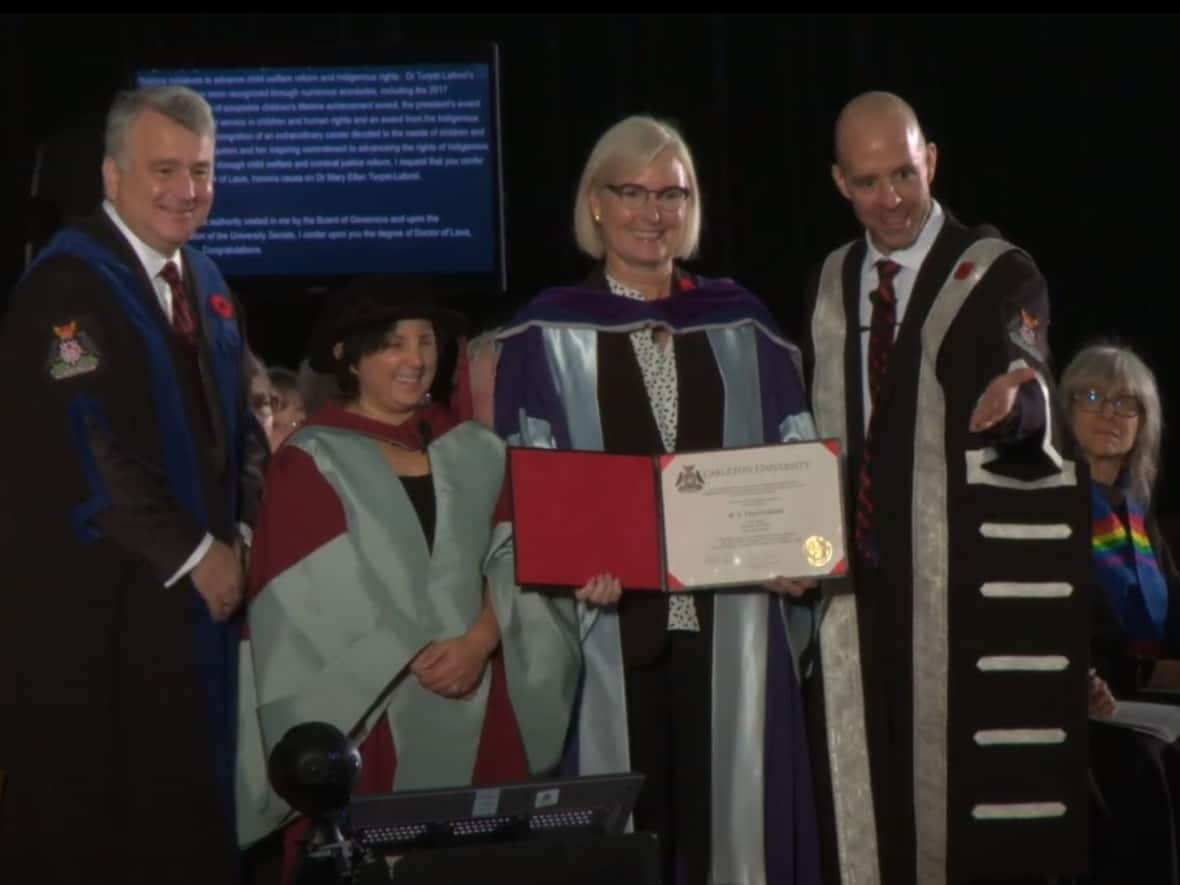 Mary Ellen Turpel-Lafond received her 12th honorary doctorate during a November 2019 ceremony at Carleton University in Ottawa.  (Federation HSS/YouTube - image credit)