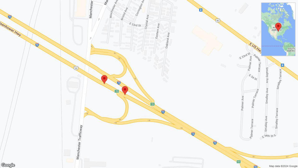 A detailed map that shows the affected road due to 'Broken down vehicle on eastbound I-70 in Kansas City' on July 21st at 2:42 p.m.