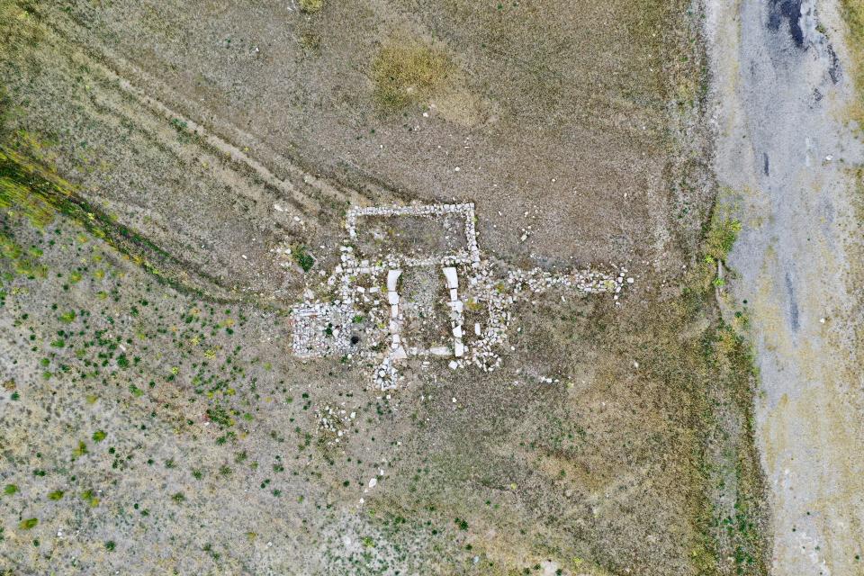 Old foundations show Rockport, a town that has been underwater for 60 years in Utah.