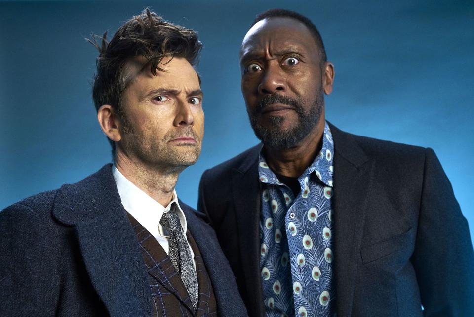 london, united kingdom march 2023 actors david tennant l and lenny henry pose for a portrait behind the scenes of a doctor who sketch for red nose day 2023 on march 3, 2023 in london,england photo by david emerybbccomic relief via getty images