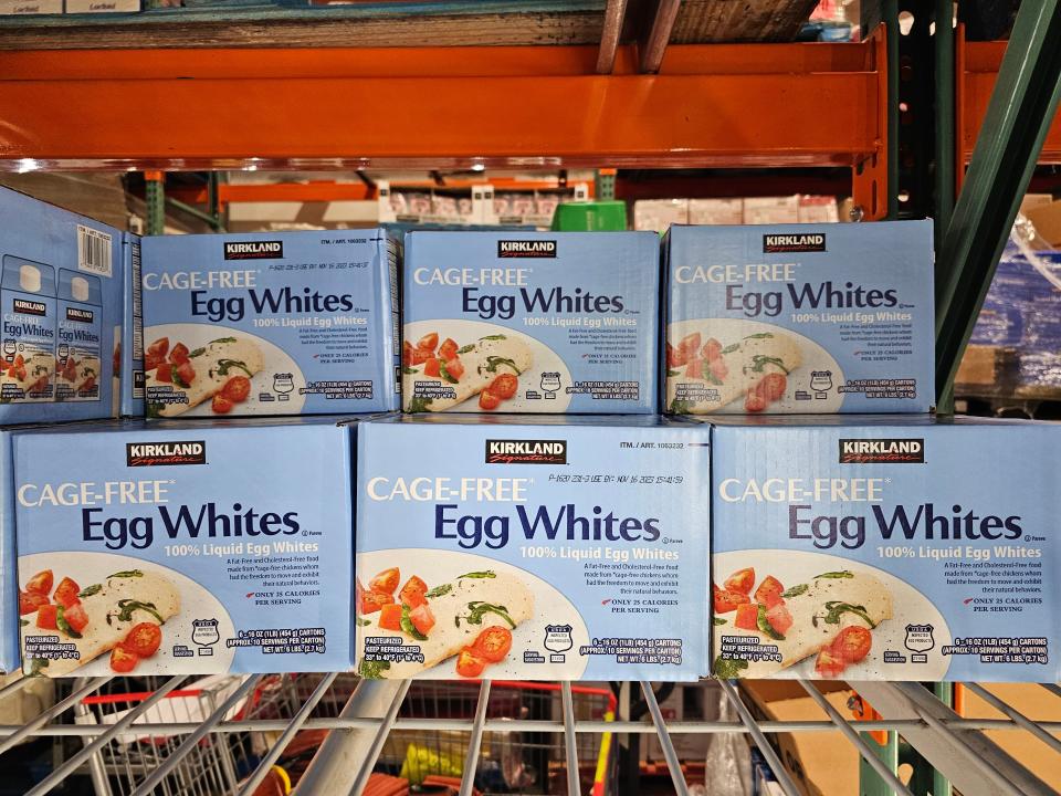 Kirkland egg whites in boxes on display in Costco store