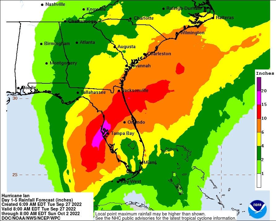 Hurricane Ian could inundate wide swaths of Florida with rainfall, according to this NOAA rainfall forecast from Tuesday morning.