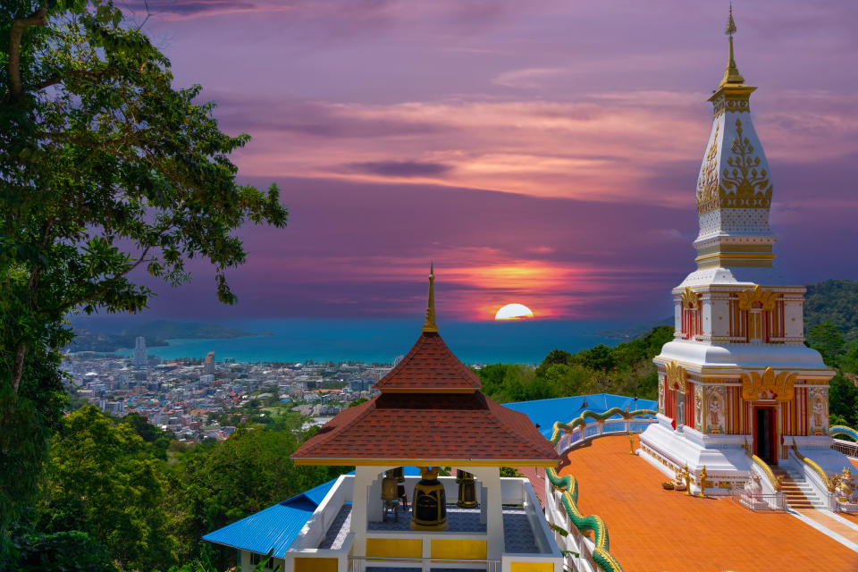 Buddah temple with beautiful views from top of mountain of Patong Phuket Thailand. Buddha