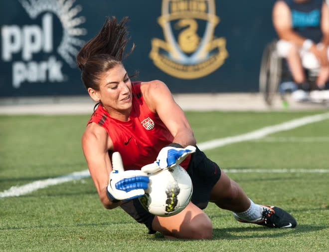 US women's national football team goalkeeper Hope Solo warms up before an international women's friendly match against China at PPL Park in Chester, Pennsylvania, on May 27, 2012. (NICHOLAS KAMM/AFP/GettyImages)