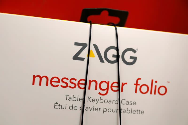 A box for a ZAGG Inc messenger folio is displayed in a store in Brooklyn, New York