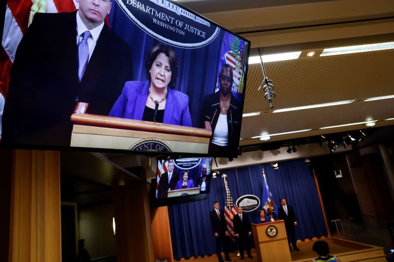 U.S. law enforcement officials discuss May ransomware attack on Colonial Pipeline during news conference at the Justice Department in Washington