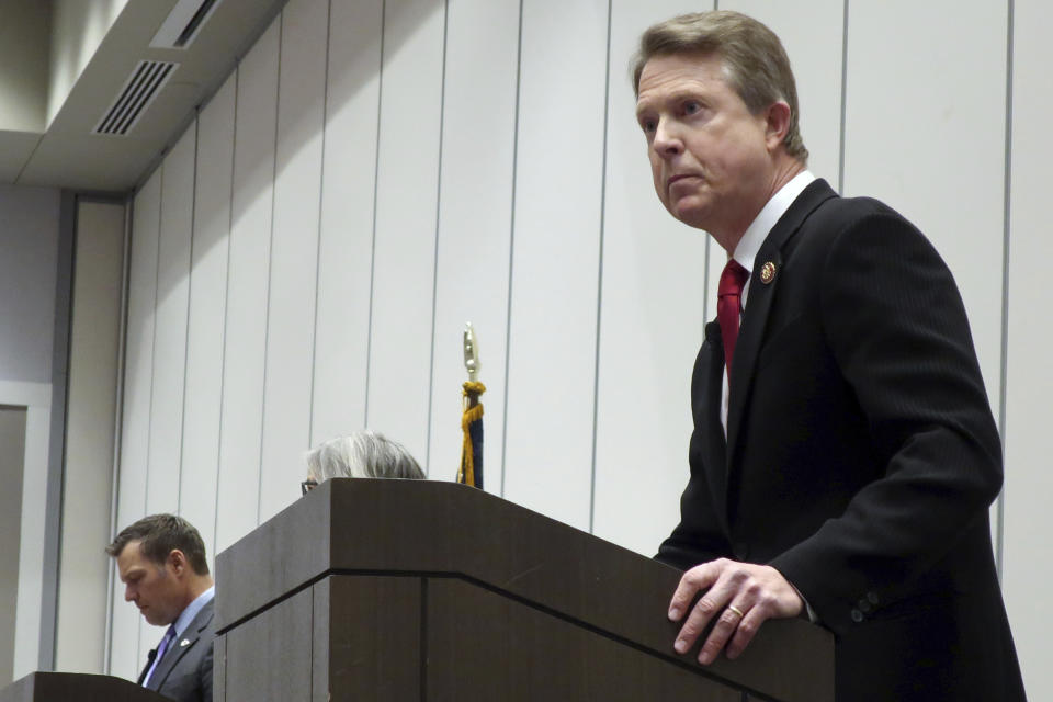 U.S. Rep. Roger Marshall, R-Kan., a candidate for the U.S. Senate, participates in a debate at a statewide Republican convention, Saturday, Feb. 1, 2020, in Olathe, Kan. Marshall says he has an "incredible" relationship with President Donald Trump and argues that he's best position to defeat a Democrat in the November election. (AP Photo/John Hanna)