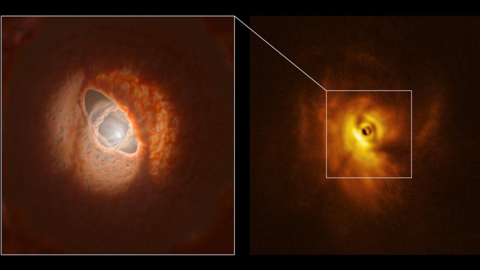 A visualization of a triple star system glowing in a cloud of matter.