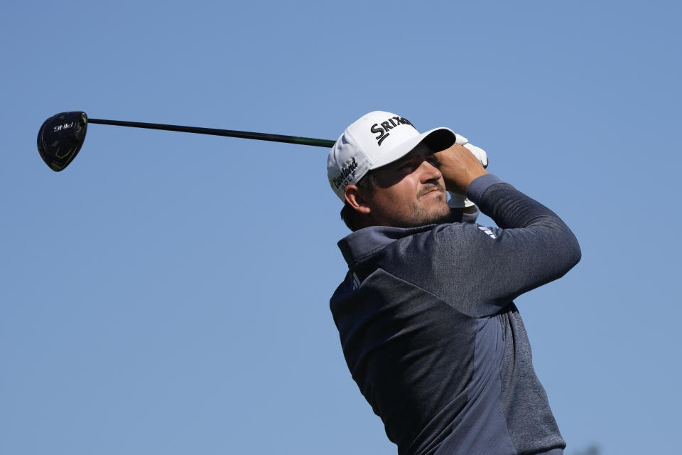 Andrew Novak hits a tee shot on the second hole during the final round of the Phoenix Open golf tournament Sunday, Feb. 11, 2024, in Scottsdale, Ariz. (AP Photo/Ross D. Franklin)