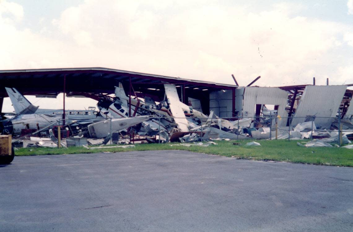 Hurricane Andrew left a pile of smashed and destroyed planes at Kendall-Tamiami Executive Airport in August 1992.