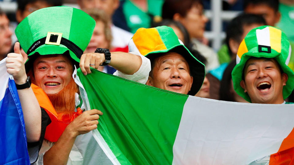 Fans dressed up in Irish colours during the clash between Ireland and Scotland at the Rugby World Cup in Japan. (Getty Images)