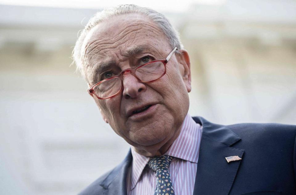 PHOTO: Senator and Majority Leader Chuck Schumer (D-NY) speaks to the press at the White House in Washington, DC, on Oct. 31, 2023, after meeting with President Joe Biden. (Andrew Caballero-Reynolds/AFP via Getty Images)