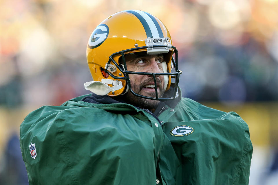 GREEN BAY, WISCONSIN - DECEMBER 15: Aaron Rodgers #12 of the Green Bay Packers looks on in the third quarter against the Chicago Bears at Lambeau Field on December 15, 2019 in Green Bay, Wisconsin. (Photo by Dylan Buell/Getty Images)