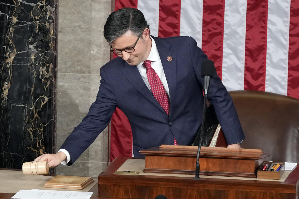 FILE - Speaker-elect Rep. Mike Johnson, R-La., puts the gavel down before speaking at the Capitol in Washington, Wednesday, Oct. 25, 2023. (AP Photo/Alex Brandon, File)