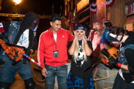 <p>DJ Pauly D did his best to protect his lady love, Aubrey O'Day, from the freaks at Halloween Horror Nights. (Photo: Nate Weber/Universal Studios Hollywood) </p>