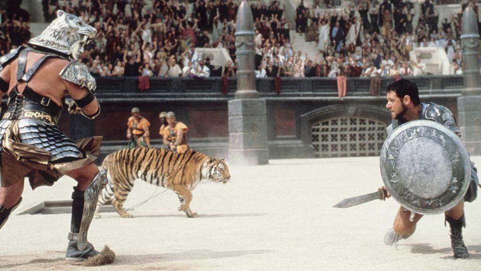 Scene from Gladiator where Russell Crowe fights a tiger