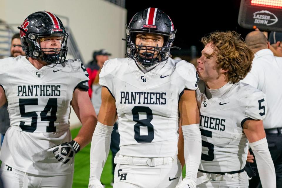 Colleyville Heritage wide receiver Braden Blueitt walks to the sideline after making a game winning catch in a playoff game against Argyle.