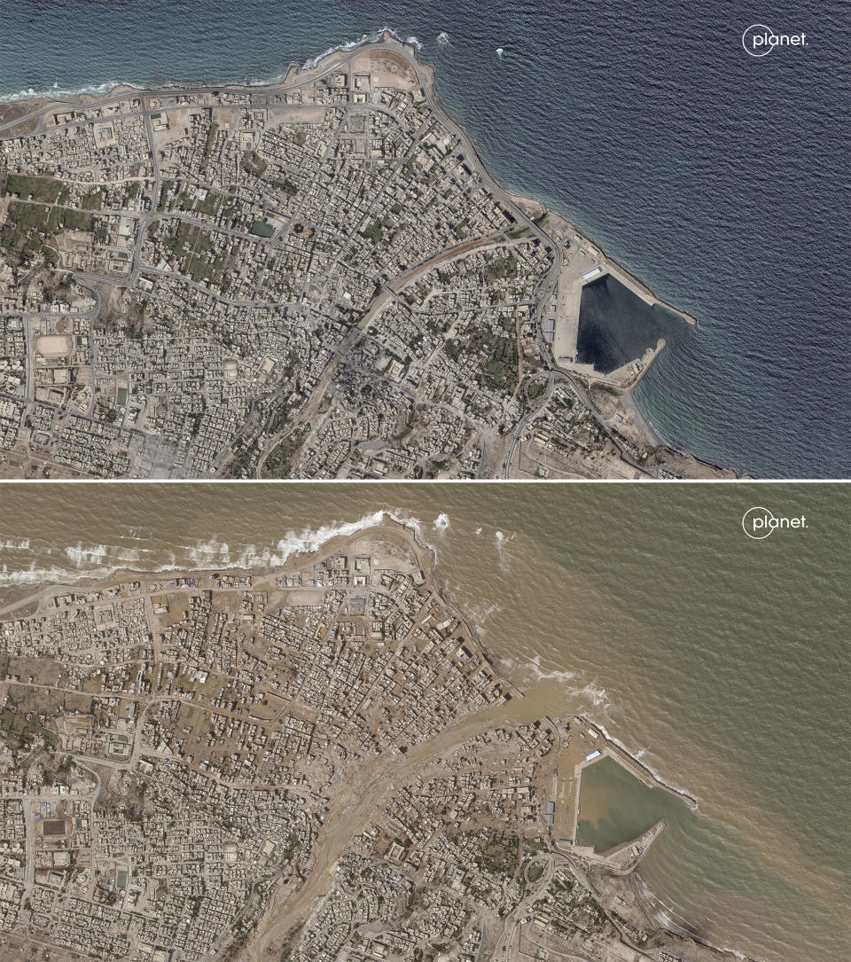 This combination of satellite photos from Planet Labs PBC shows Derna, Libya, on Sept. 2, 2023, before flooding, top, and after on Tuesday, Sept. 12, 2023, bottom. The destruction came to Derna and other parts of eastern Libya on Sunday night, Sept. 10, 2023. As the storm pounded the coast, Derna residents said they heard loud explosions and realized that dams outside the city had collapsed. Flash floods were unleashed down Wadi Derna, a river running from the mountains through the city and into the sea. / Credit: Planet Labs PBC via AP