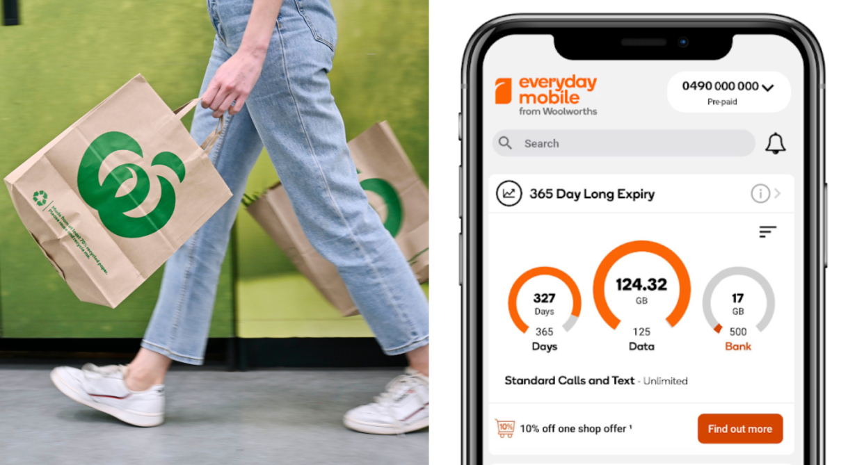 Woman carrying Woolworths paper shopping bags; Everyday Mobile from Woolworths app screen