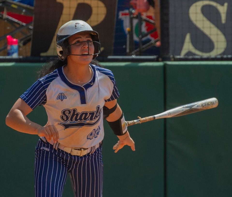 Spanish River High School’s Isabella Santos (42) watches her home run ball soar towards the outfield during the top of the fourth inning against Plant High School during their FHSAA State 7A Championship softball game at the Legends Way Ball Fields in Clermont Saturday. May 27, 2023.